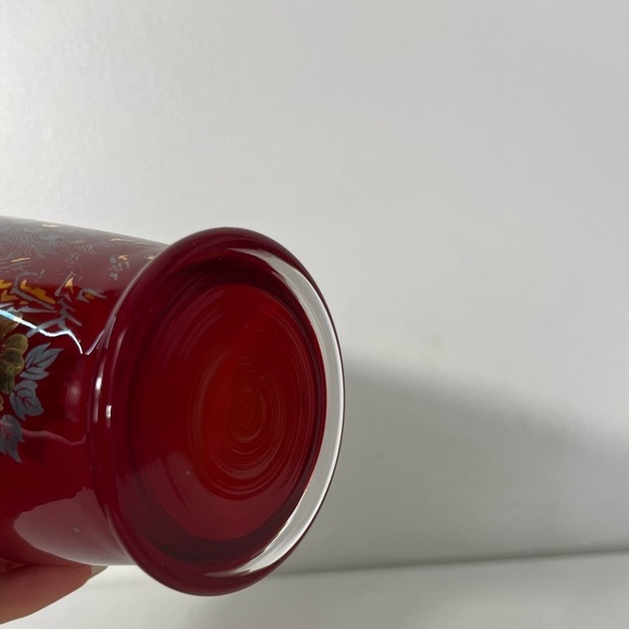 Vintage Red Gold Trim Vase Peacock Design Flowers MCM Glass - Picture 15 of 15